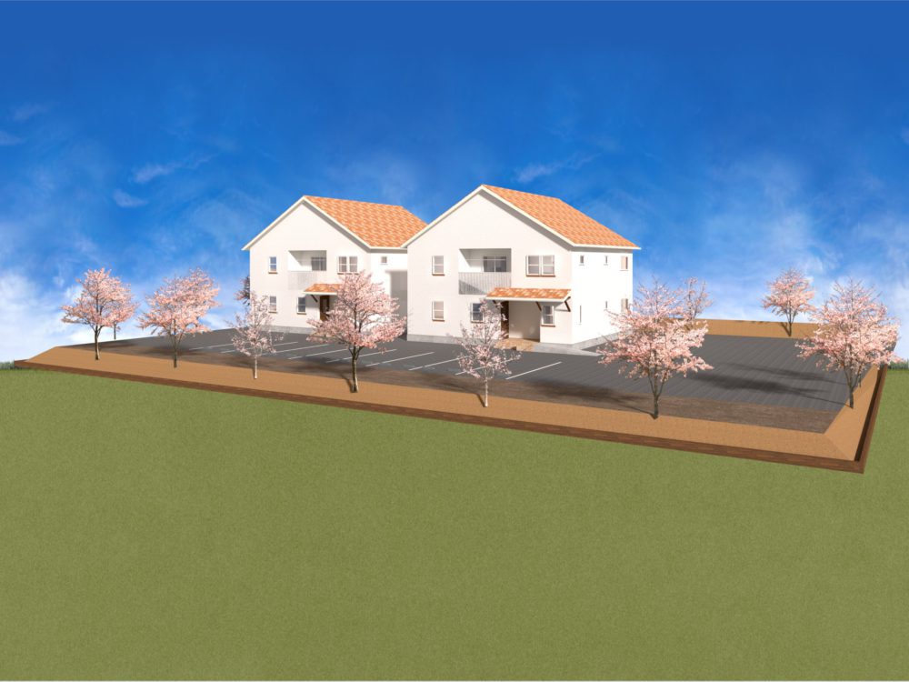 三角屋根の2棟の家と桜の木